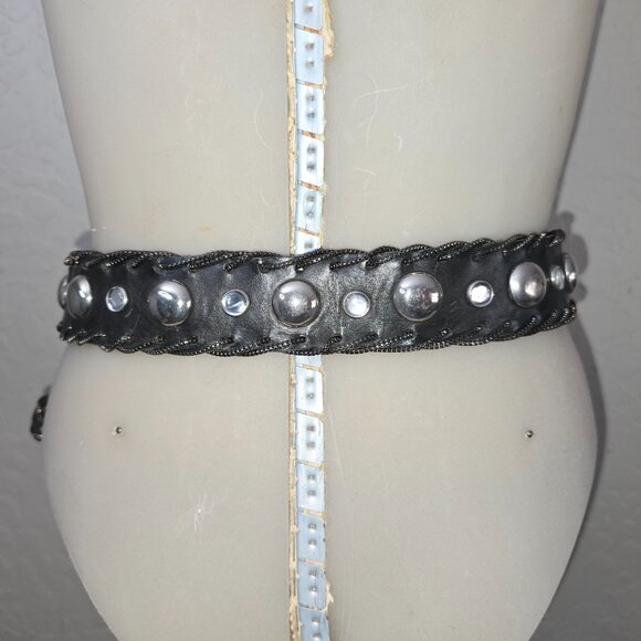 VTG Nanni Studded Black Leather Belt With Intricate Silver Buckle & Mesh Chains - Picture 4 of 11